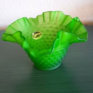 Vintage Kanawha Frosted Green Double Ruffle Hobnail Bowl MCM Art Deco UV Glass